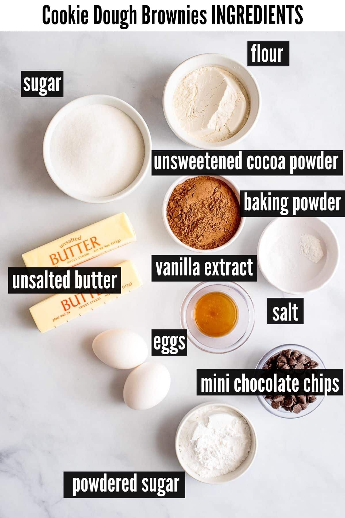 cookie dough brownies labelled ingredients
