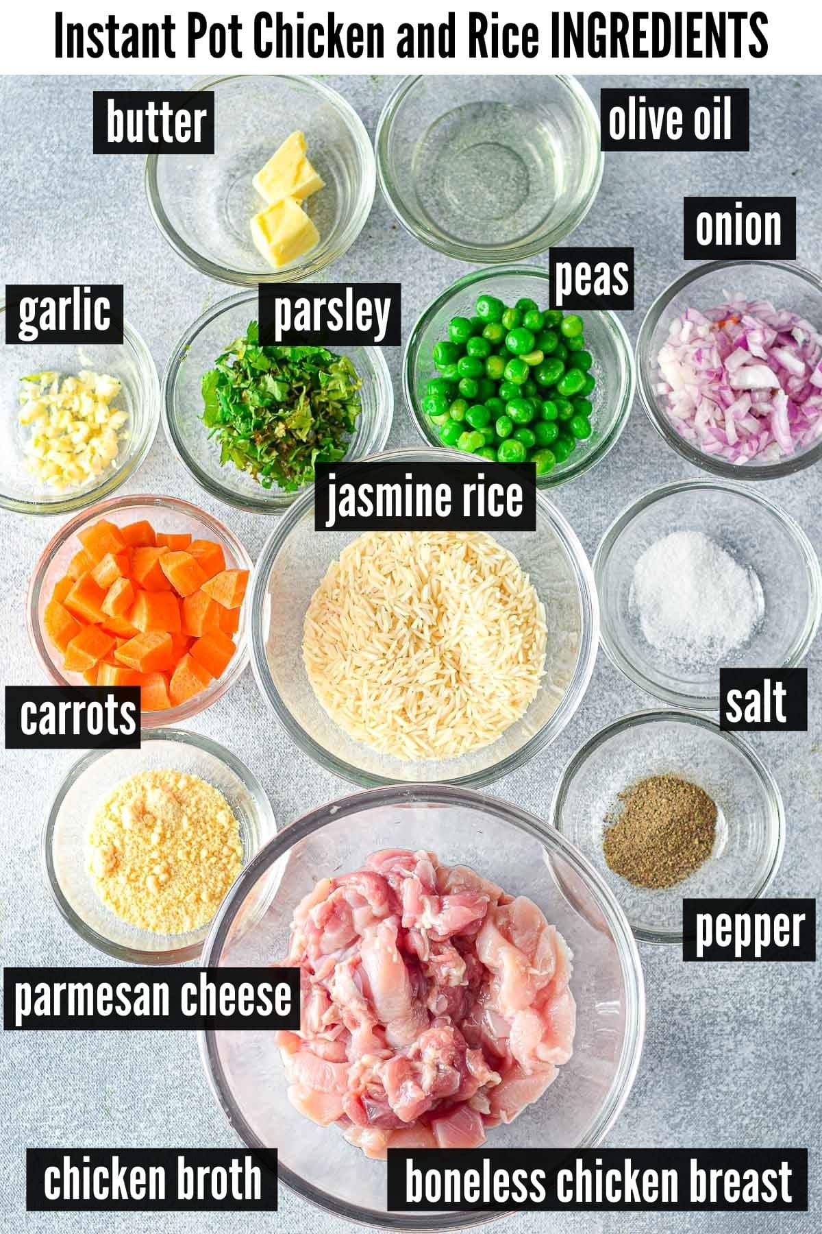 instant pot chicken and rice labelled ingredients