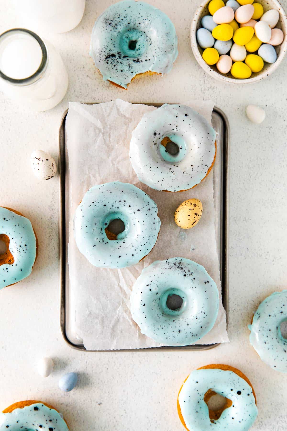 robin's egg blue vanilla baked donuts from above