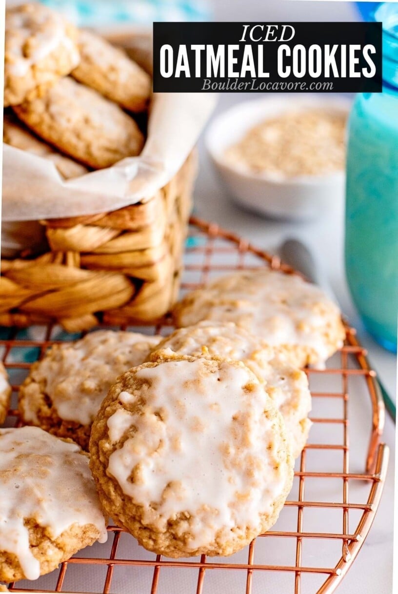 iced oatmeal cookies on copper cooling rack