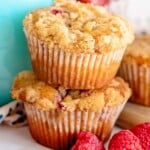 raspberry muffins stacked close up