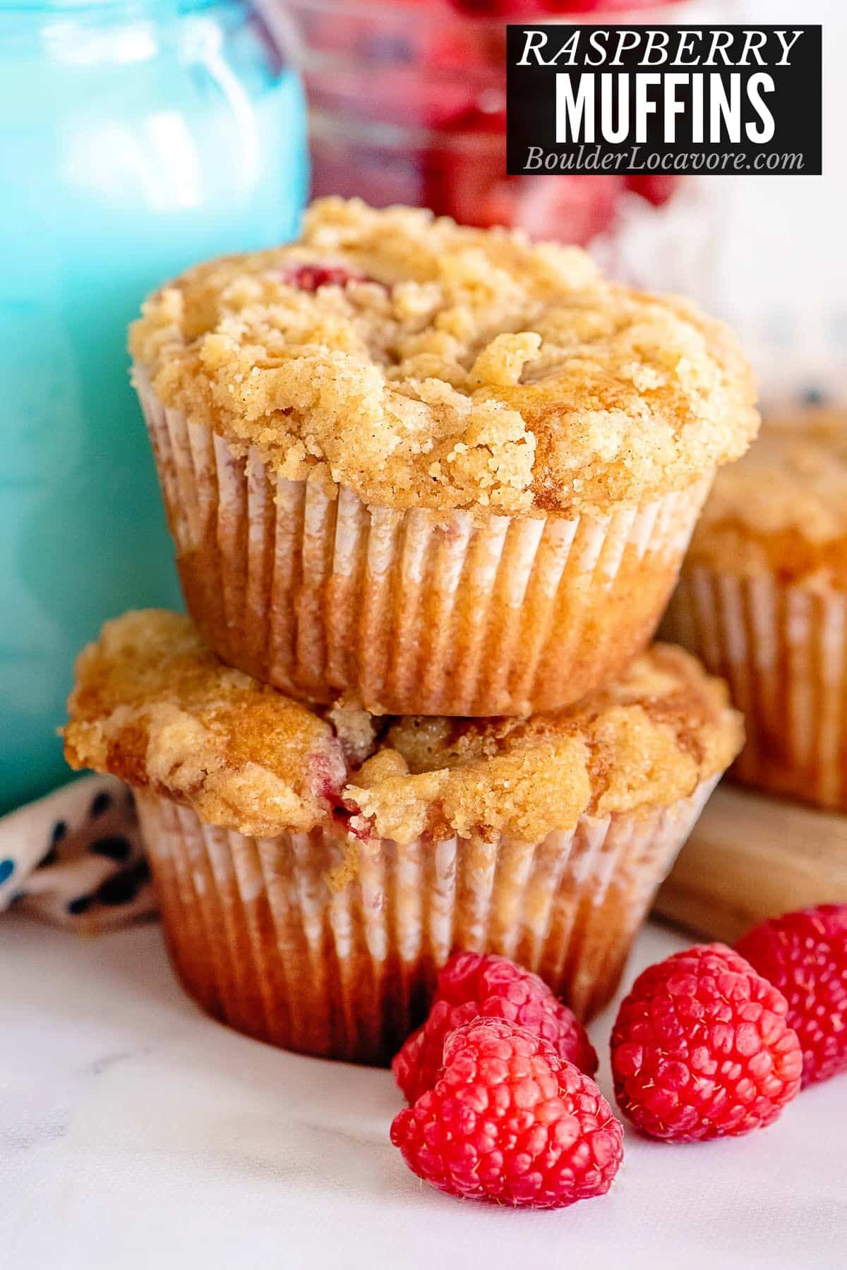 raspberry muffins stacked close up