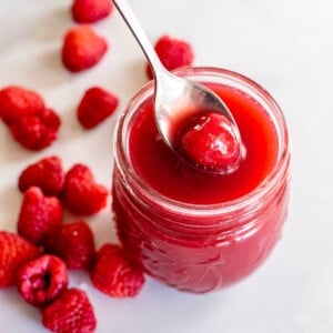 raspberry sauce in jar from above square.