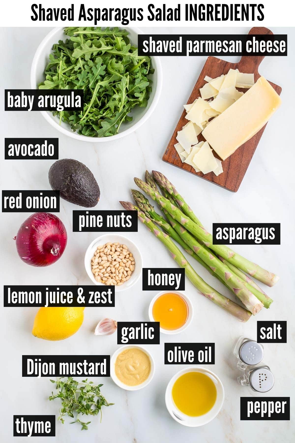 shaved asparagus salad labelled ingredients.