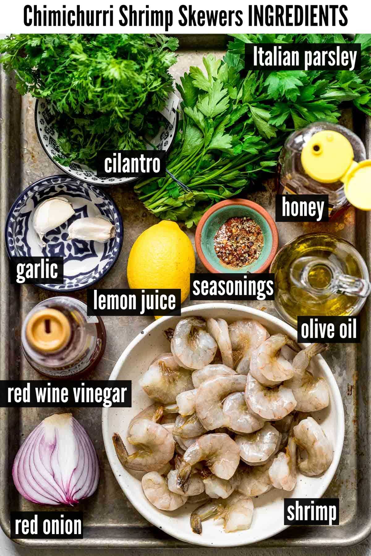 chimichurri grilled shrimp skewers labelled ingredients.