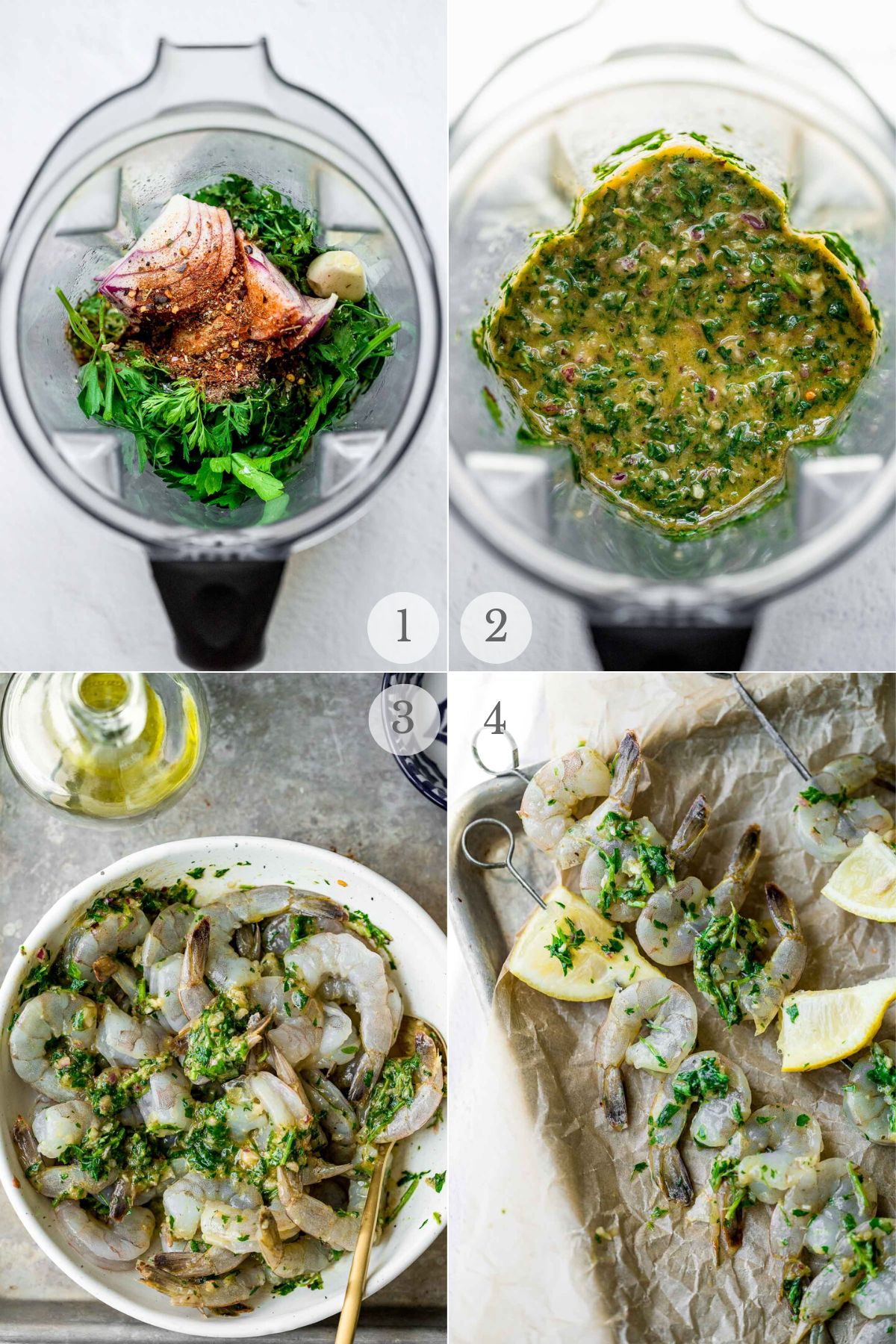 chimichurri grilled shrimp skewers recipe steps 1-4.