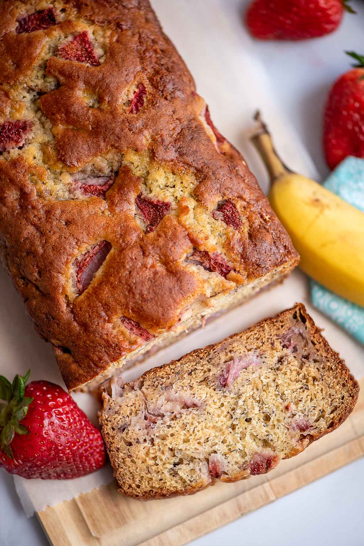 strawberry banana bread slice and loaf