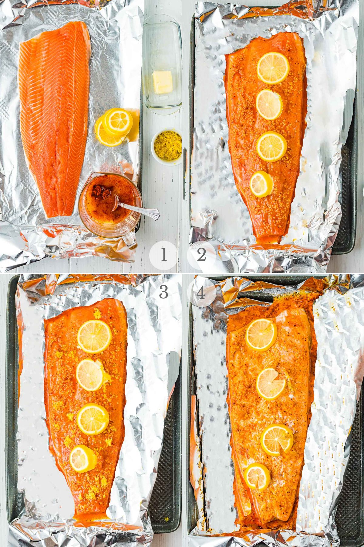 baked salmon recipe steps 1-4.