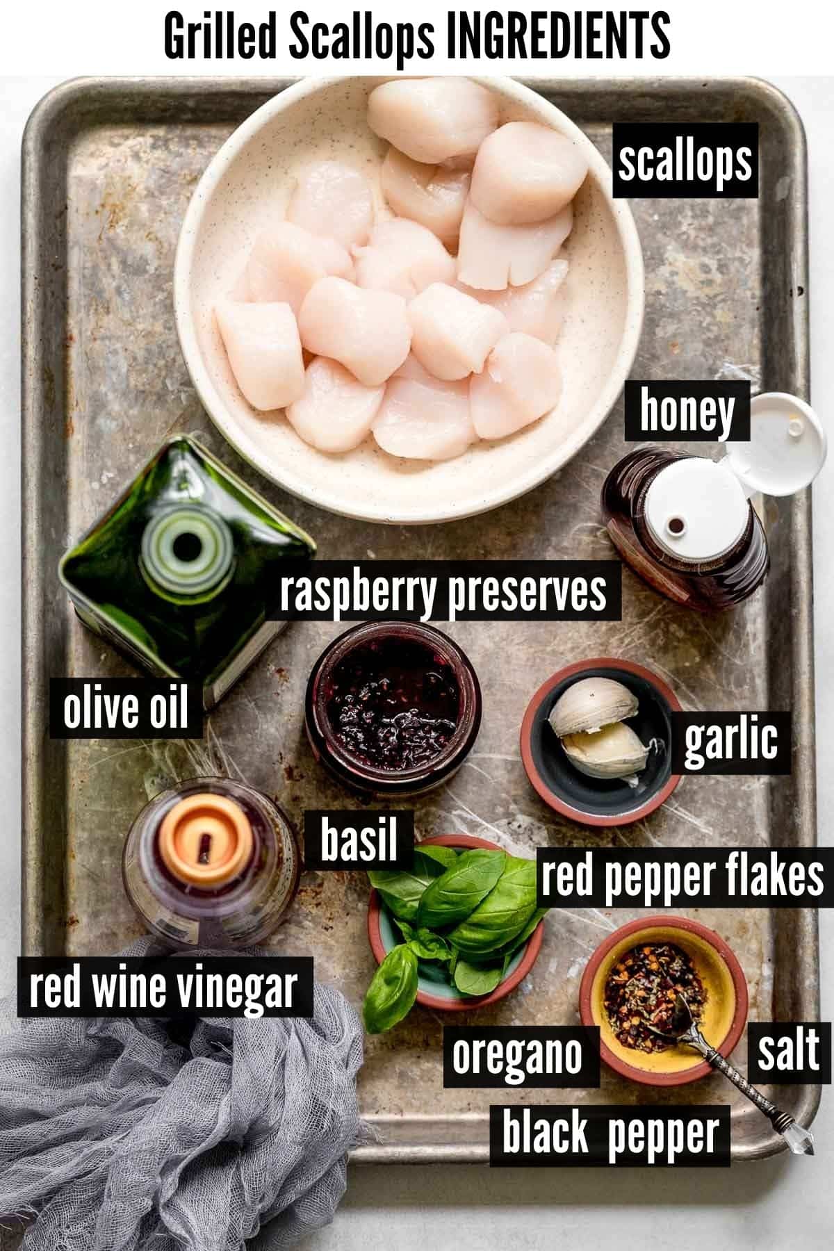 grilled scallops labelled ingredients.