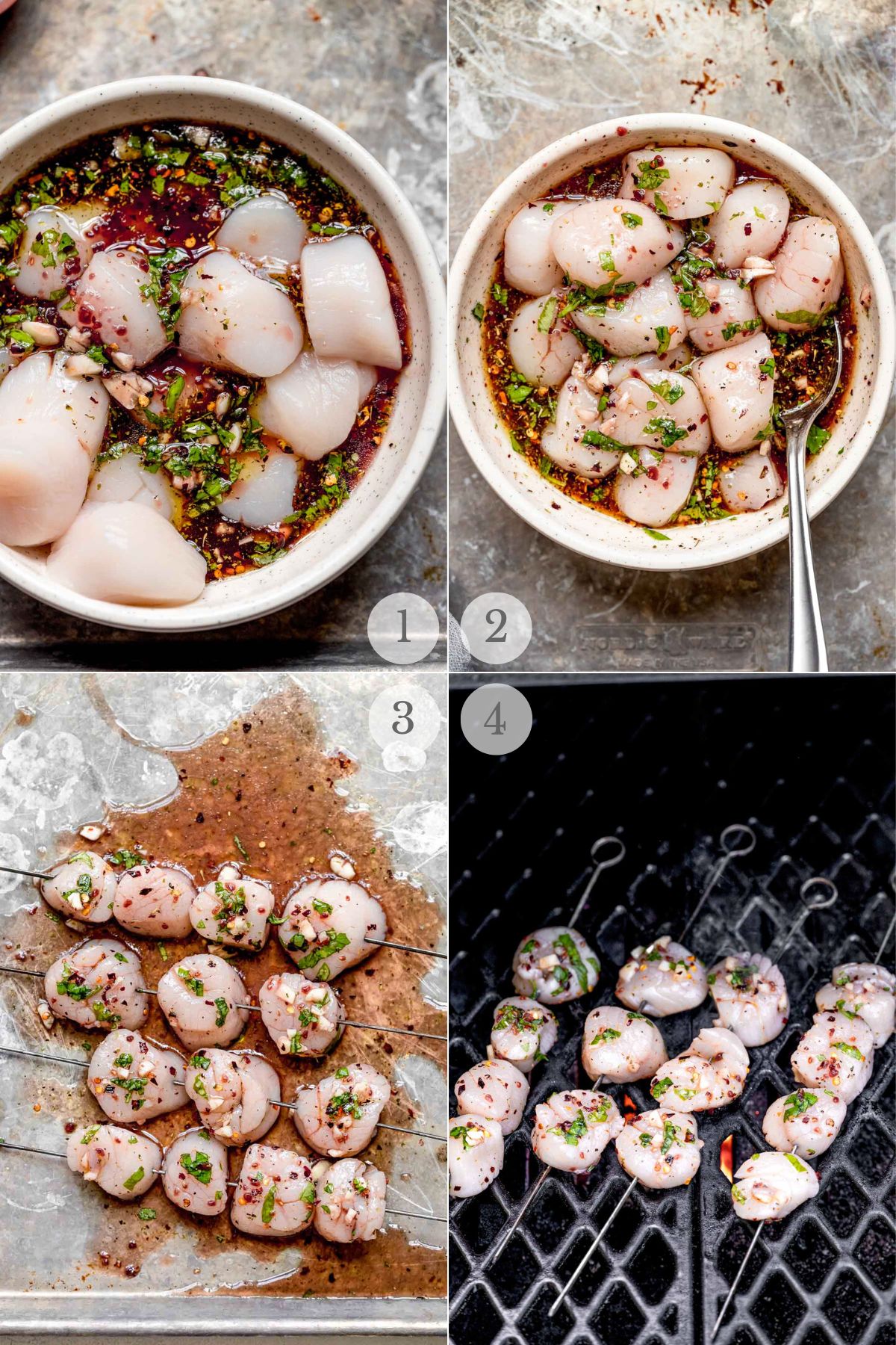 grilled scallops recipe steps 1-4.