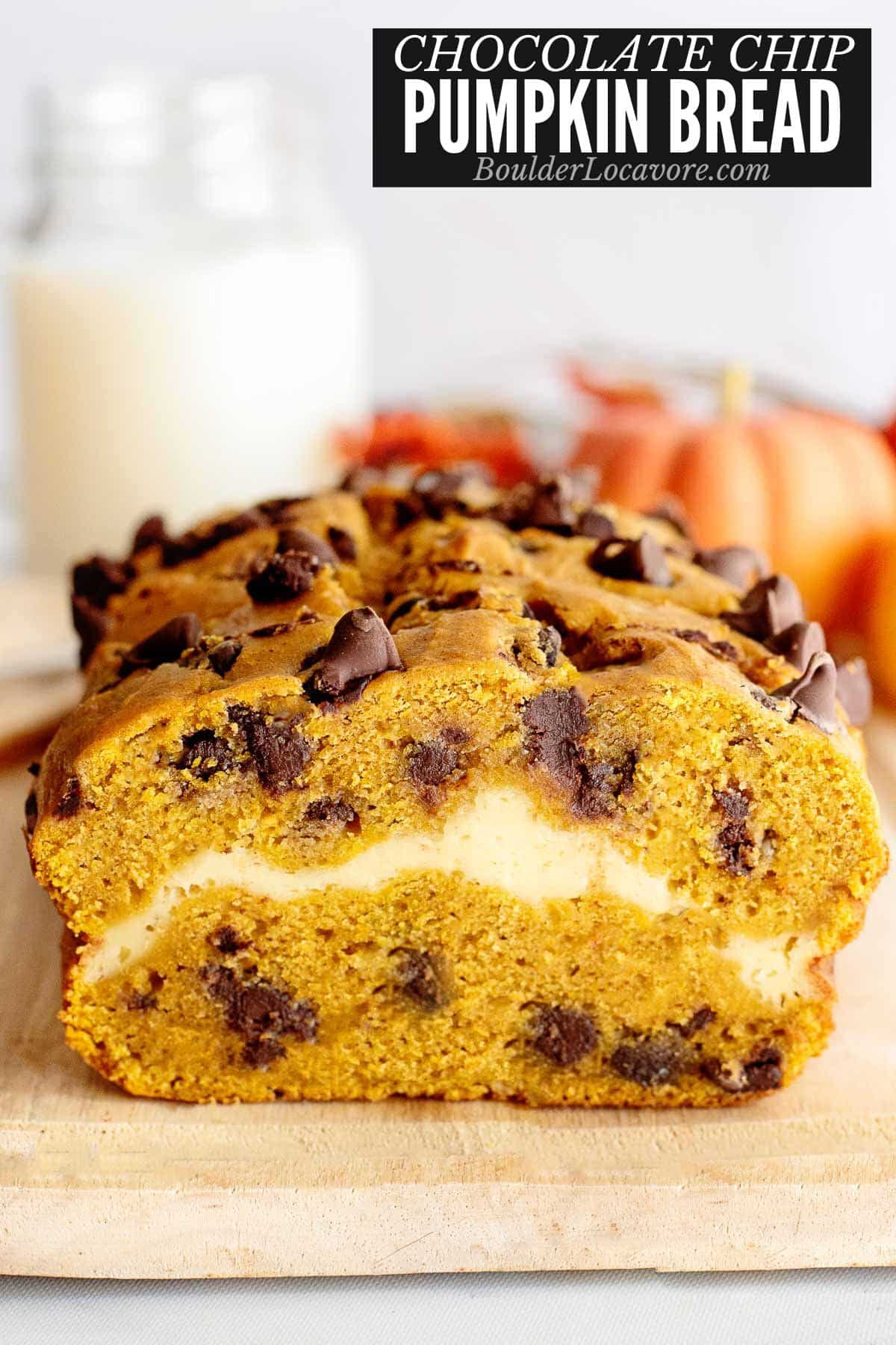 chocolate chip pumpkin bread slice with cream cheese filling.