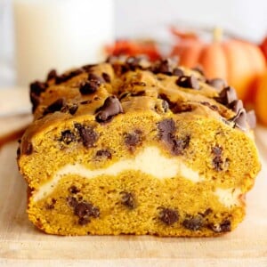 pumpkin chocolate chip bread sliced front view cropped .