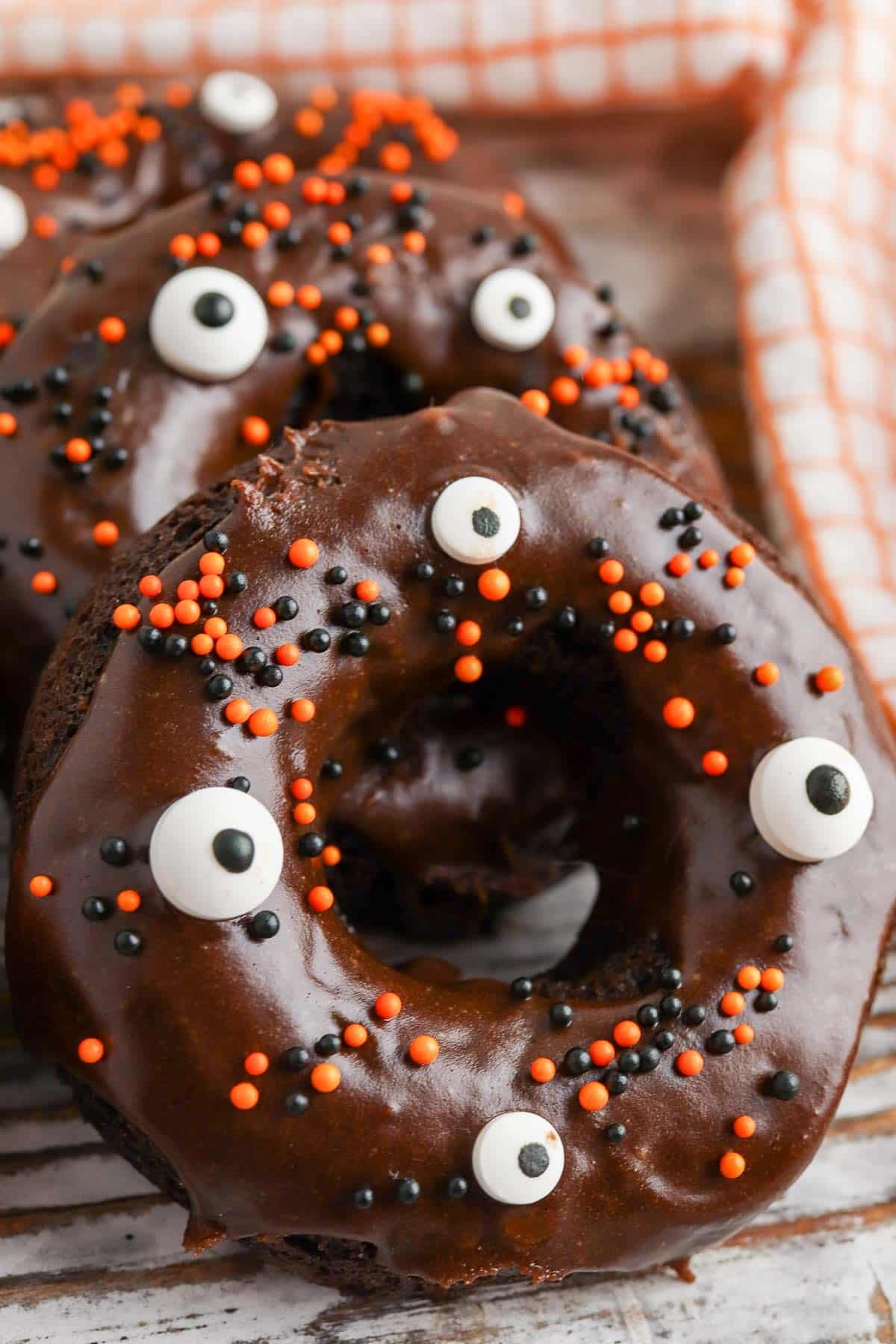 cake mix donut for halloween close up.