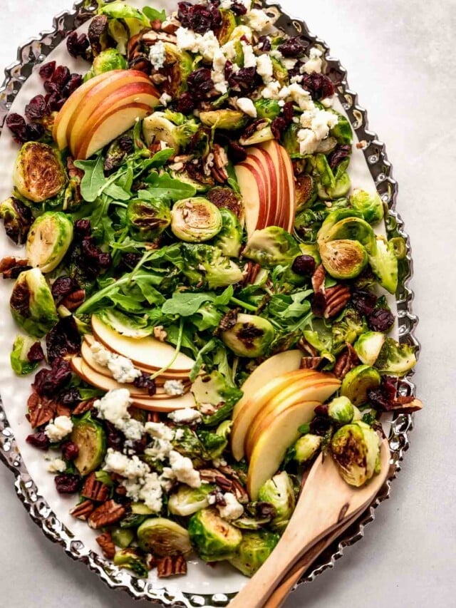 brussels sprouts salad on platter.
