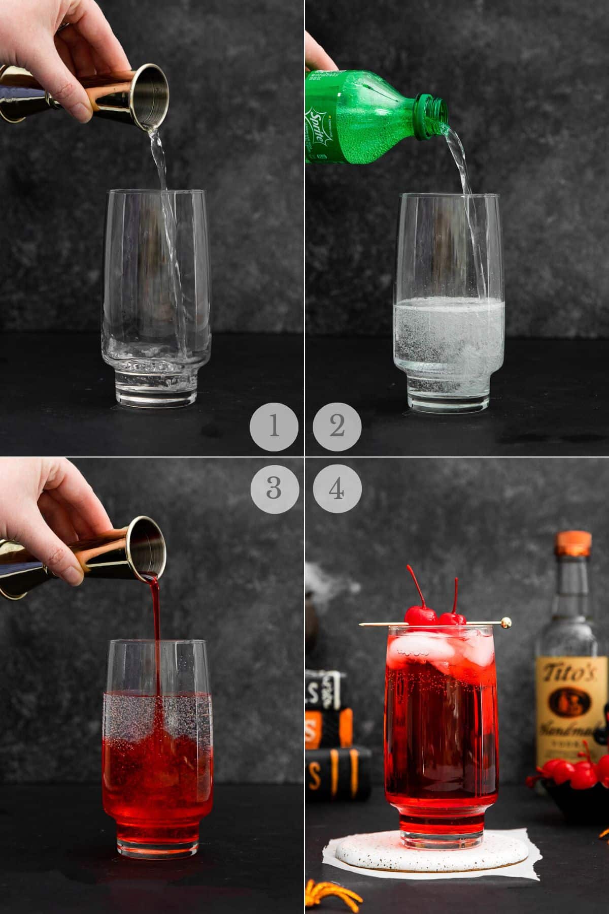 dirty shirley cocktail recipe steps collage.