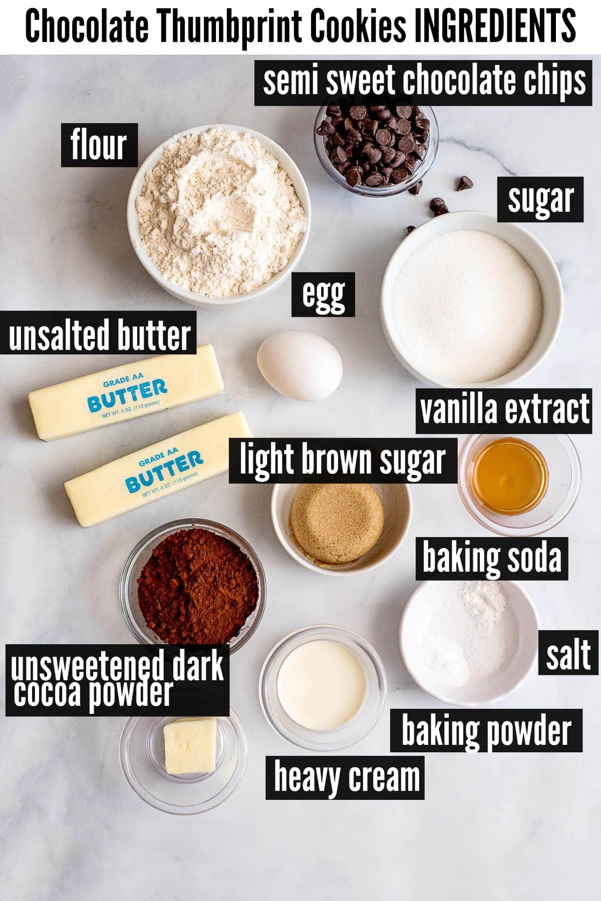 chocolate thumbprint cookies labelled ingredients.