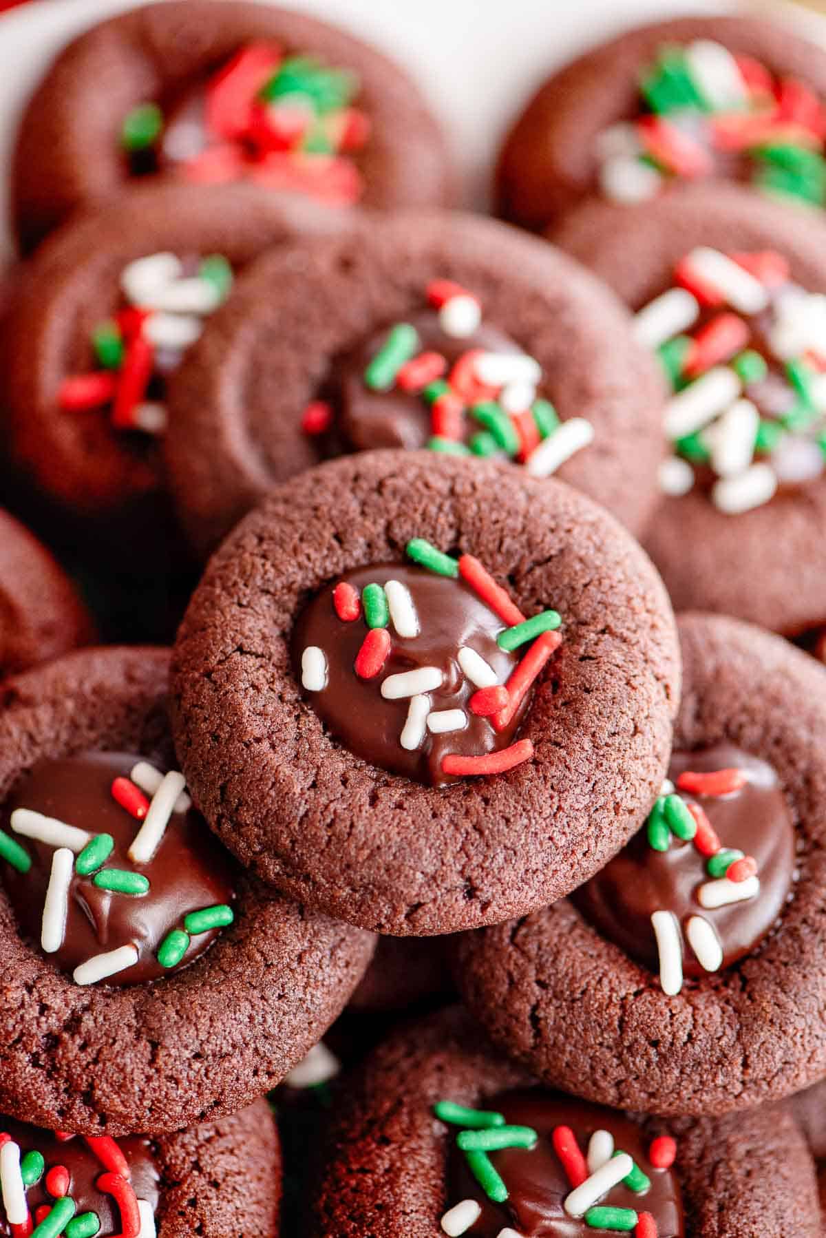 chocolate thumbprint cookies close up