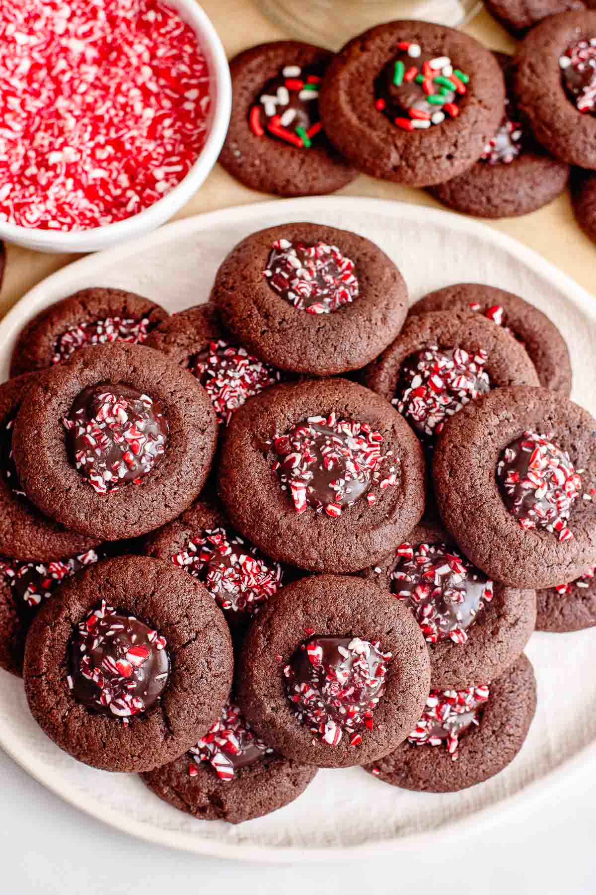 chocolate thumbprint cookies with peppermint topping.