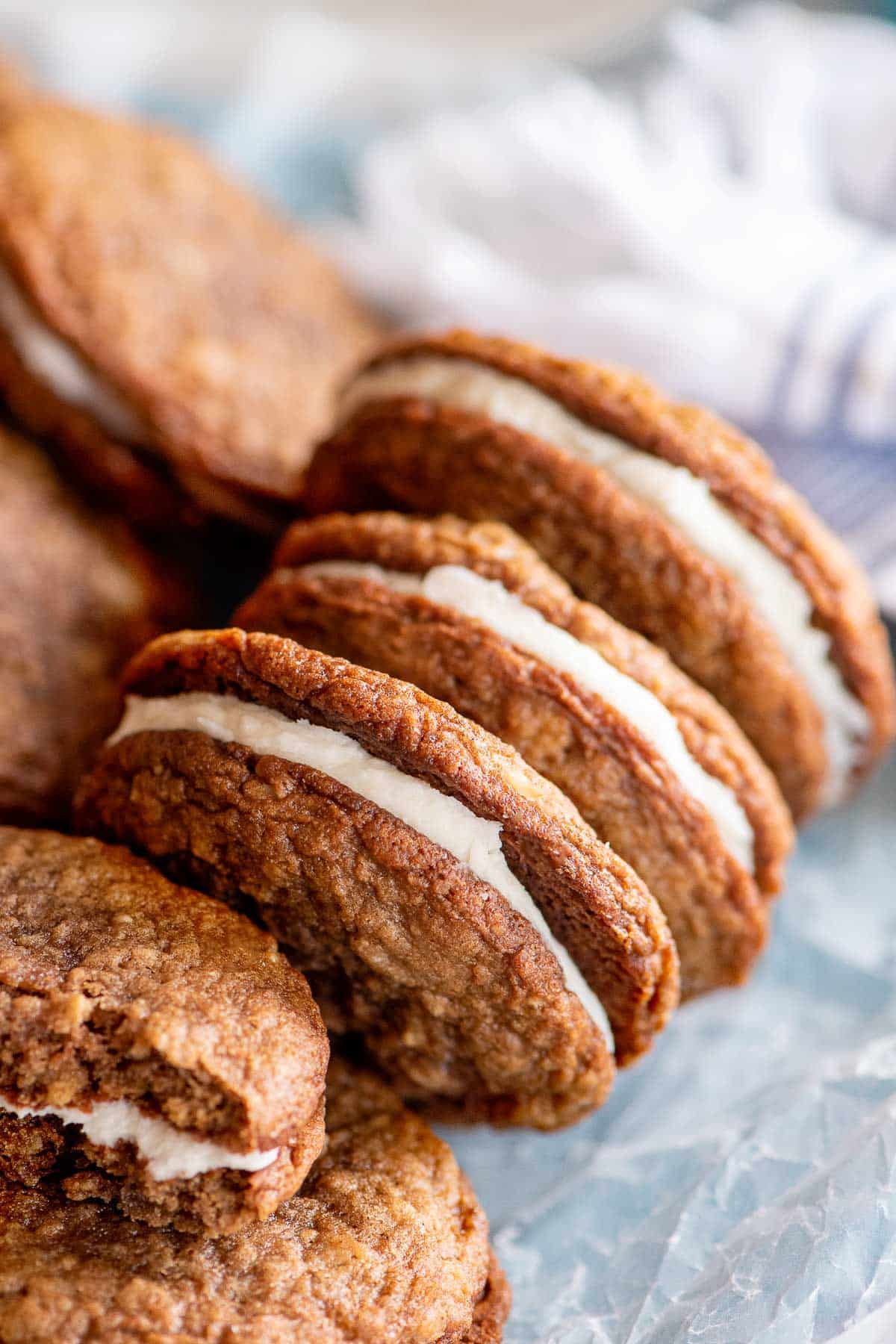 oatmeal cream pies in a line close up.