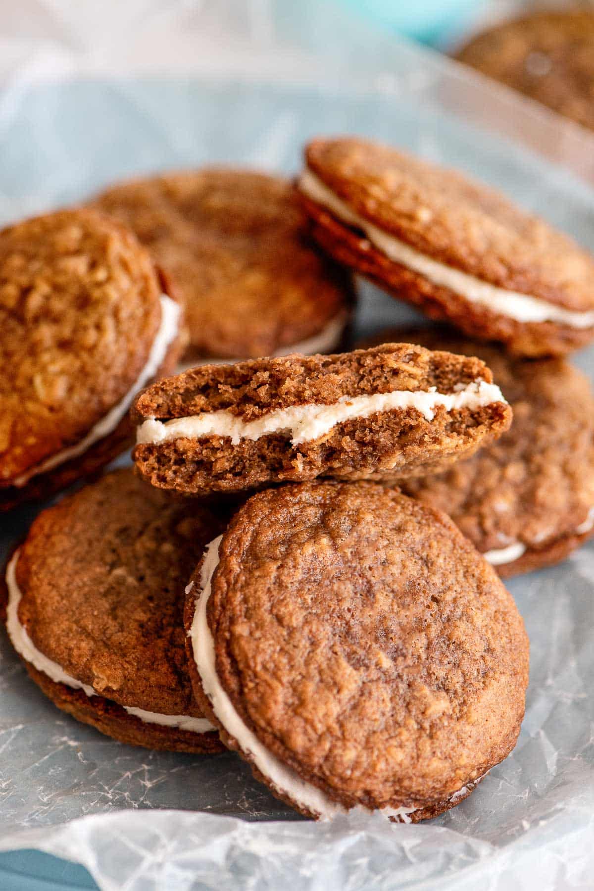 oatmeal cream pies in a pile with middle showing.
