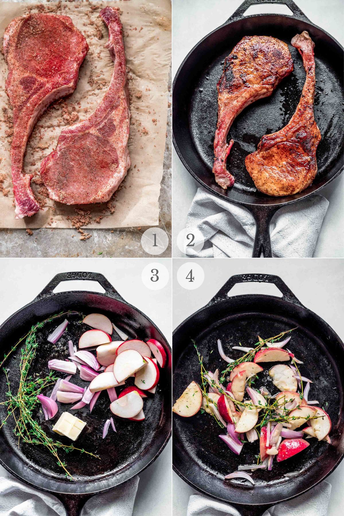 pan seared pork chops recipe steps 1-4.