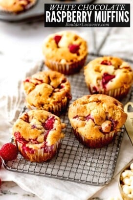 white chocolate raspberry muffins on vintage wire rack.