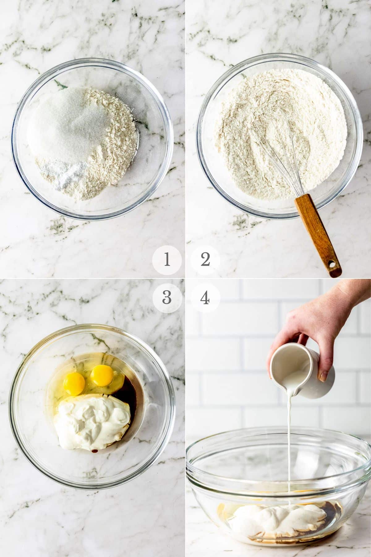 white chocolate raspberry muffins recipe steps 1-4.