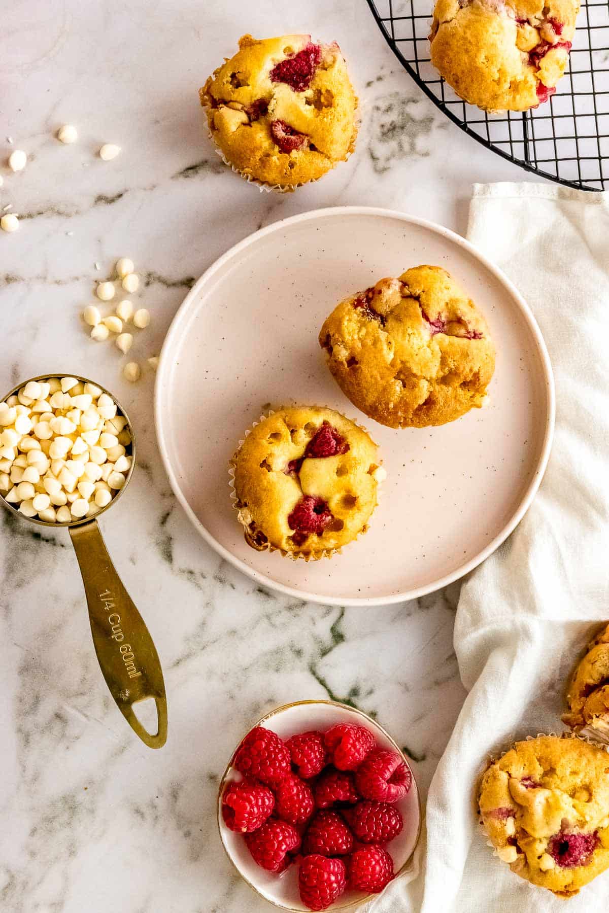 white chocolate raspberry muffins with ingredients.