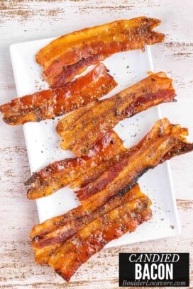 candied bacon on white platter.