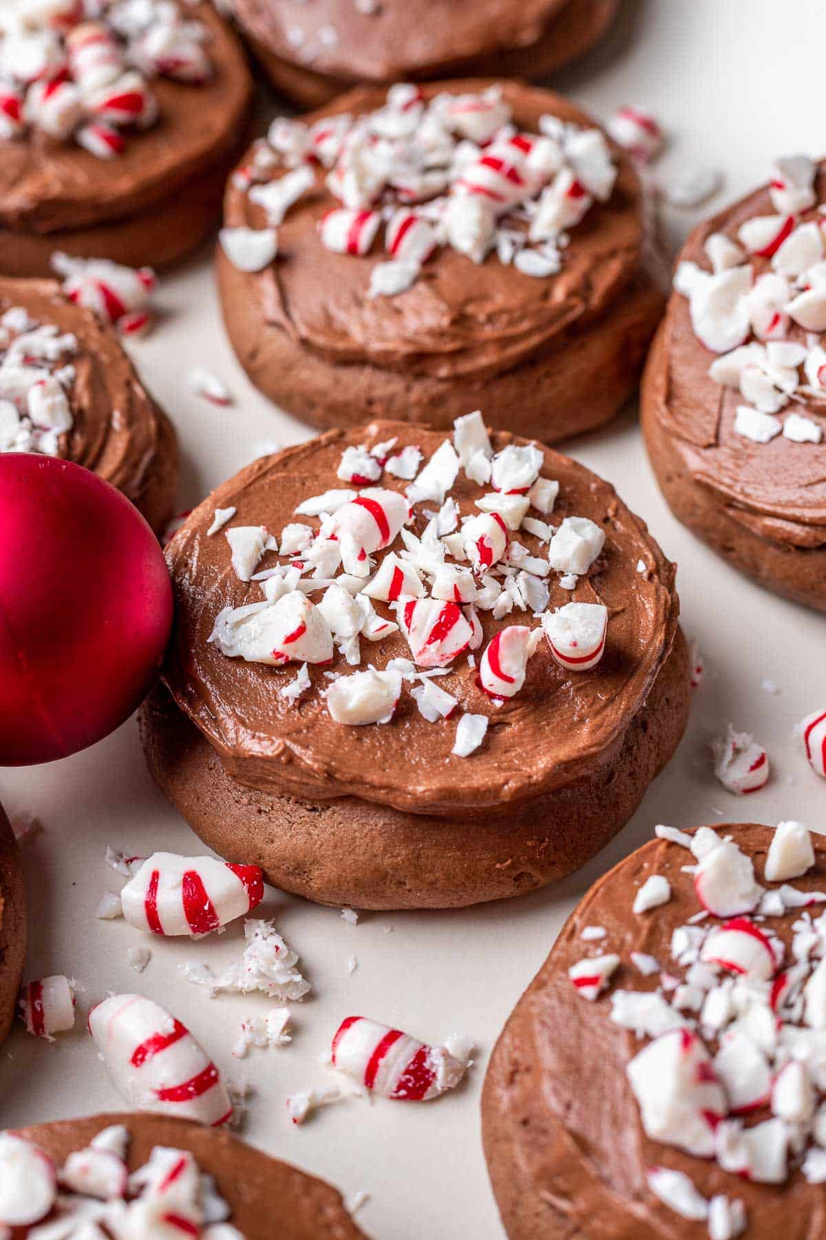 chocolate peppermint cookies with candies on top.