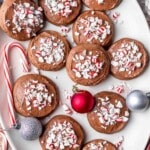 chocolate peppermint cookies with peppermint candies on platter.