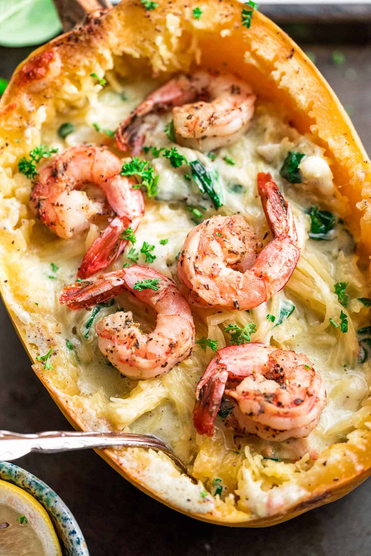 shrimp alfredo with spaghetti squash close up.