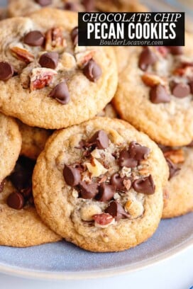 chocolate chip pecan cookies close up.
