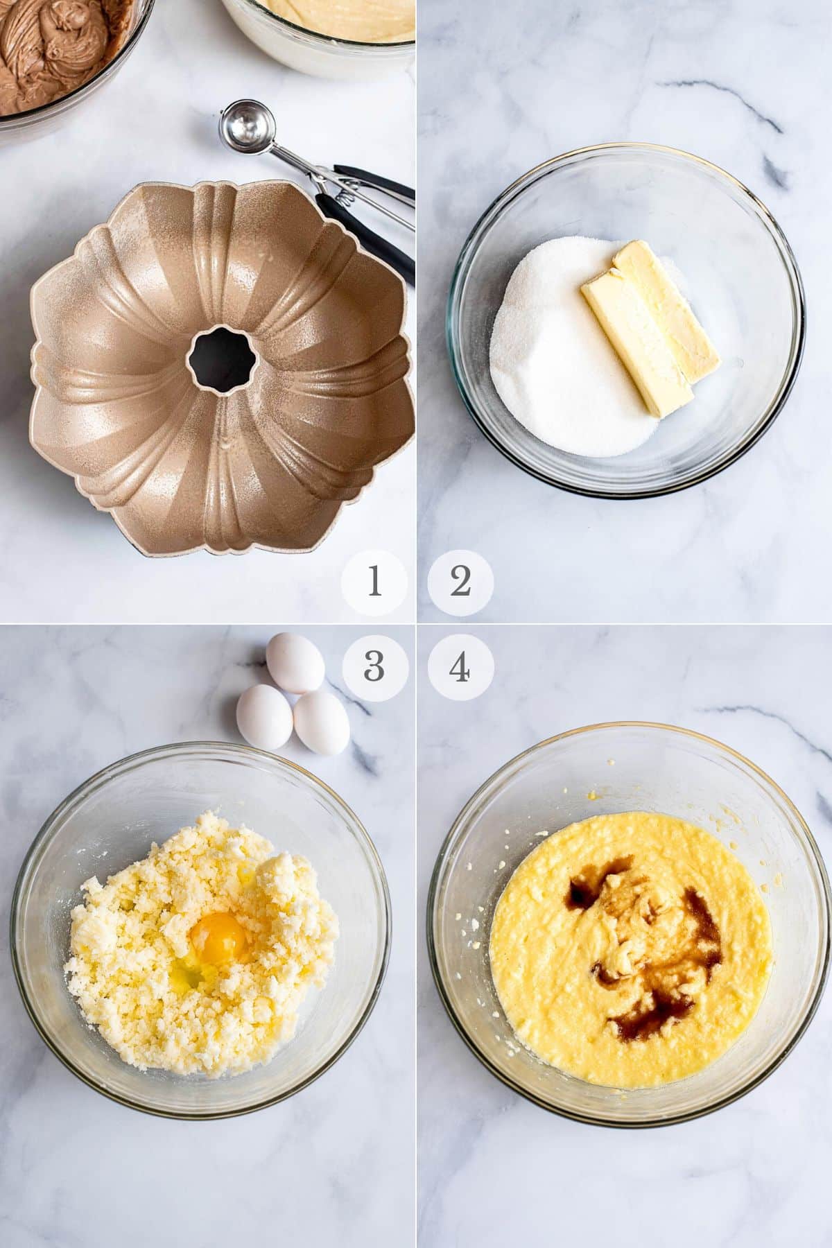 marble cake recipe steps 1-4.