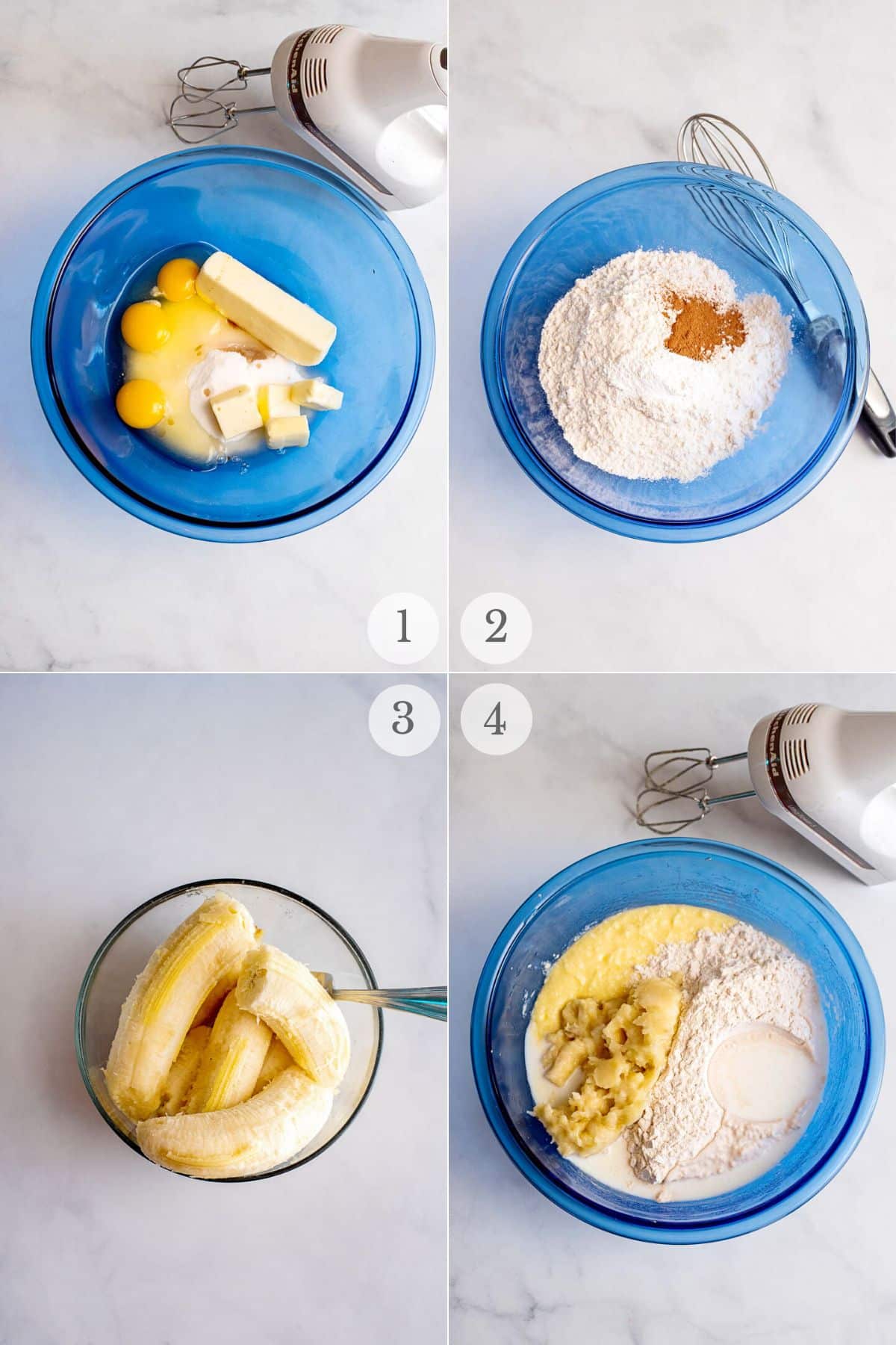 banana cake recipe steps 1-4.