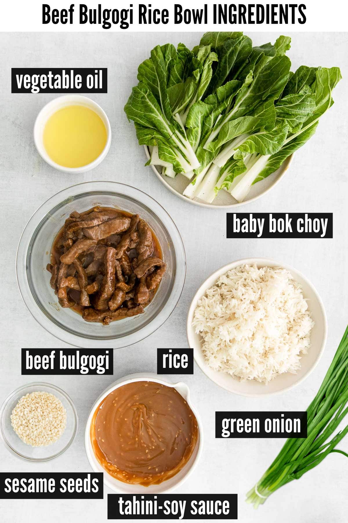 beef bulgogi bowl labelled ingredients.