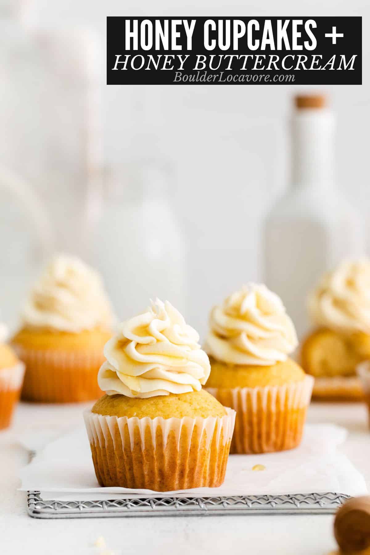 honey cupcakes with honey buttercream and text overlay.