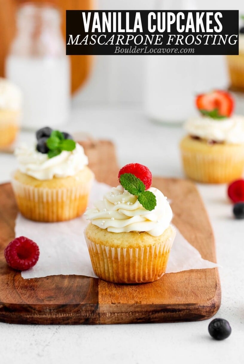 berry filled vanilla cupcakes with mascarpone frosting