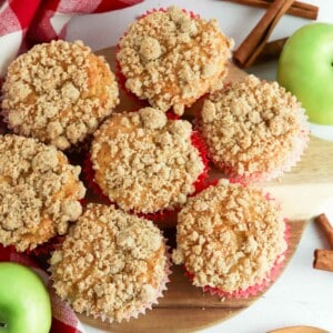 apple crumb muffins overhead close up crop.