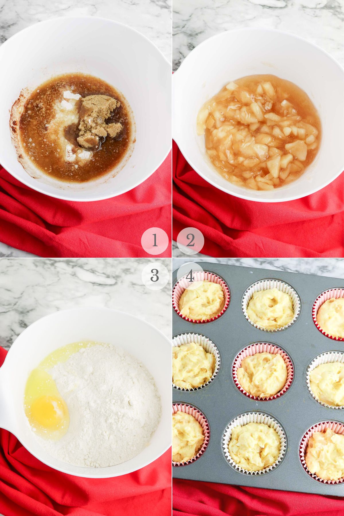 apple crumb muffins recipe steps 1-4.