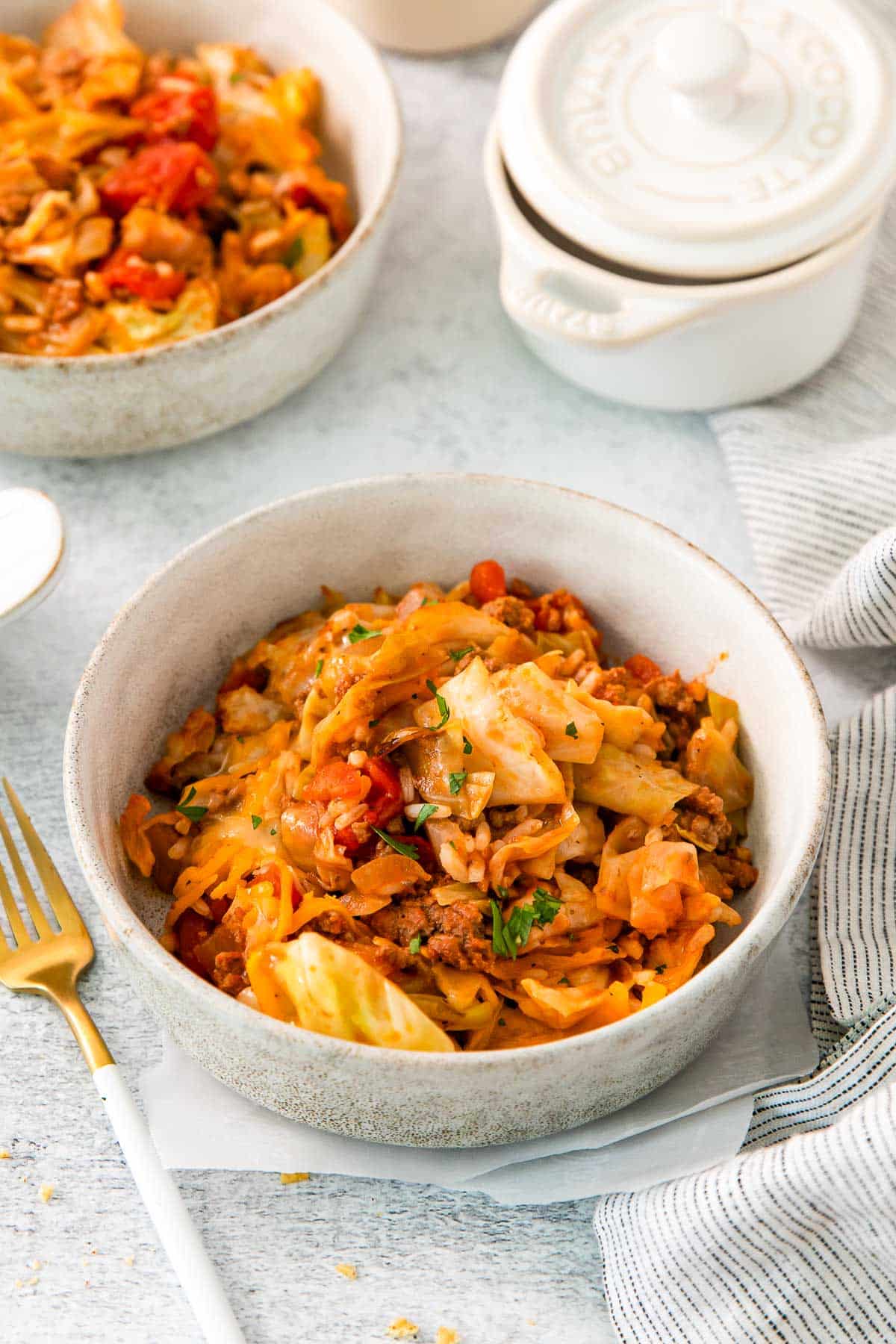 cabbage roll casserole from overhead serving side view