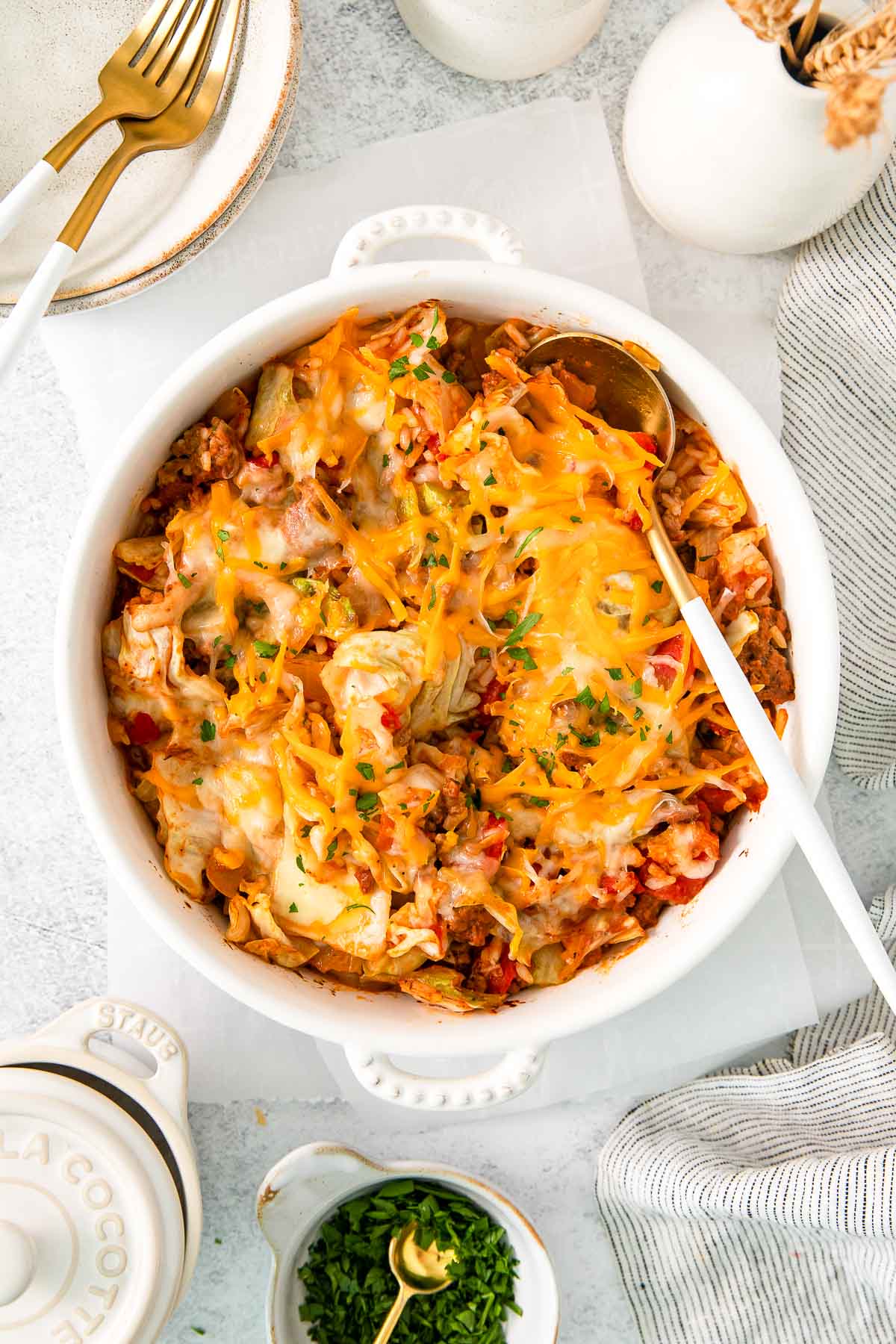 cabbage roll casserole from overhead with spoon