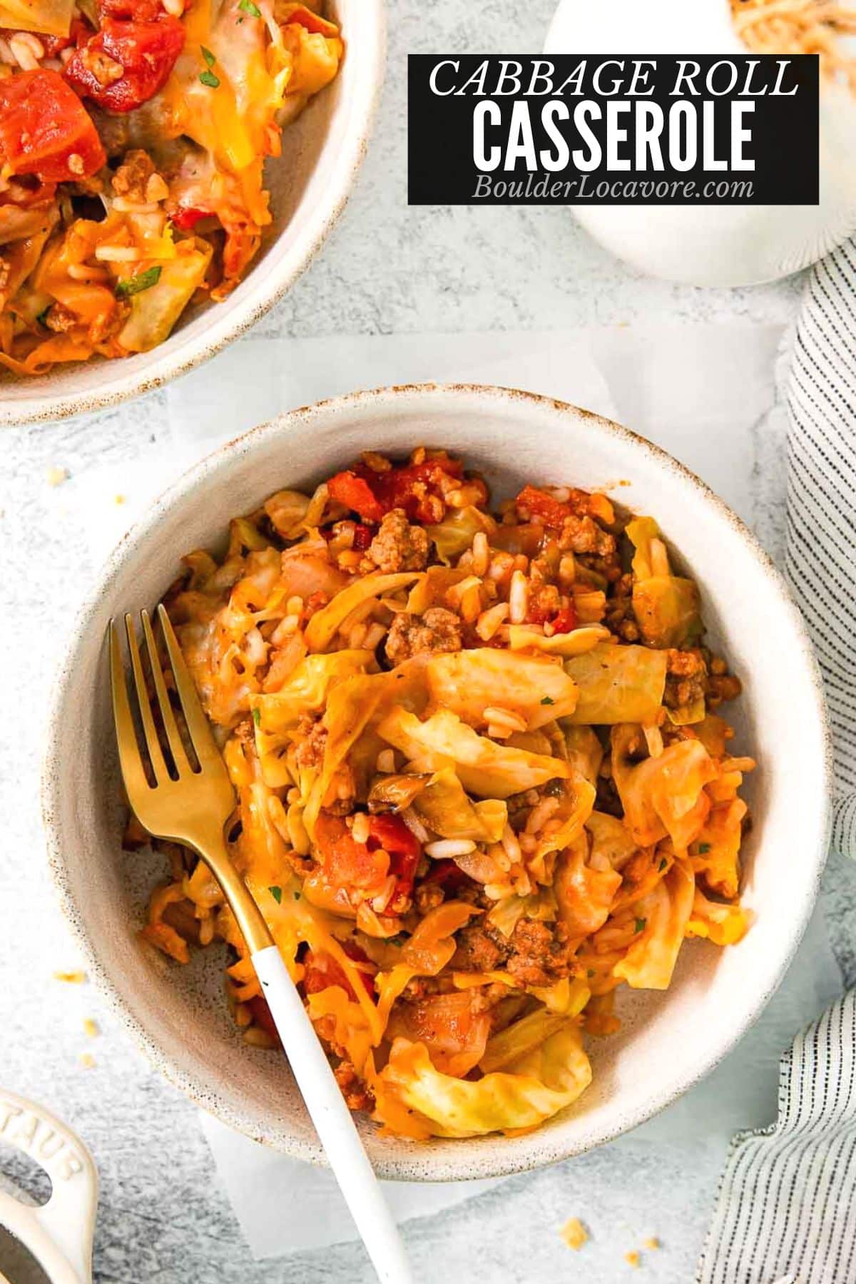 cabbage roll casserole serving in a white bowl.