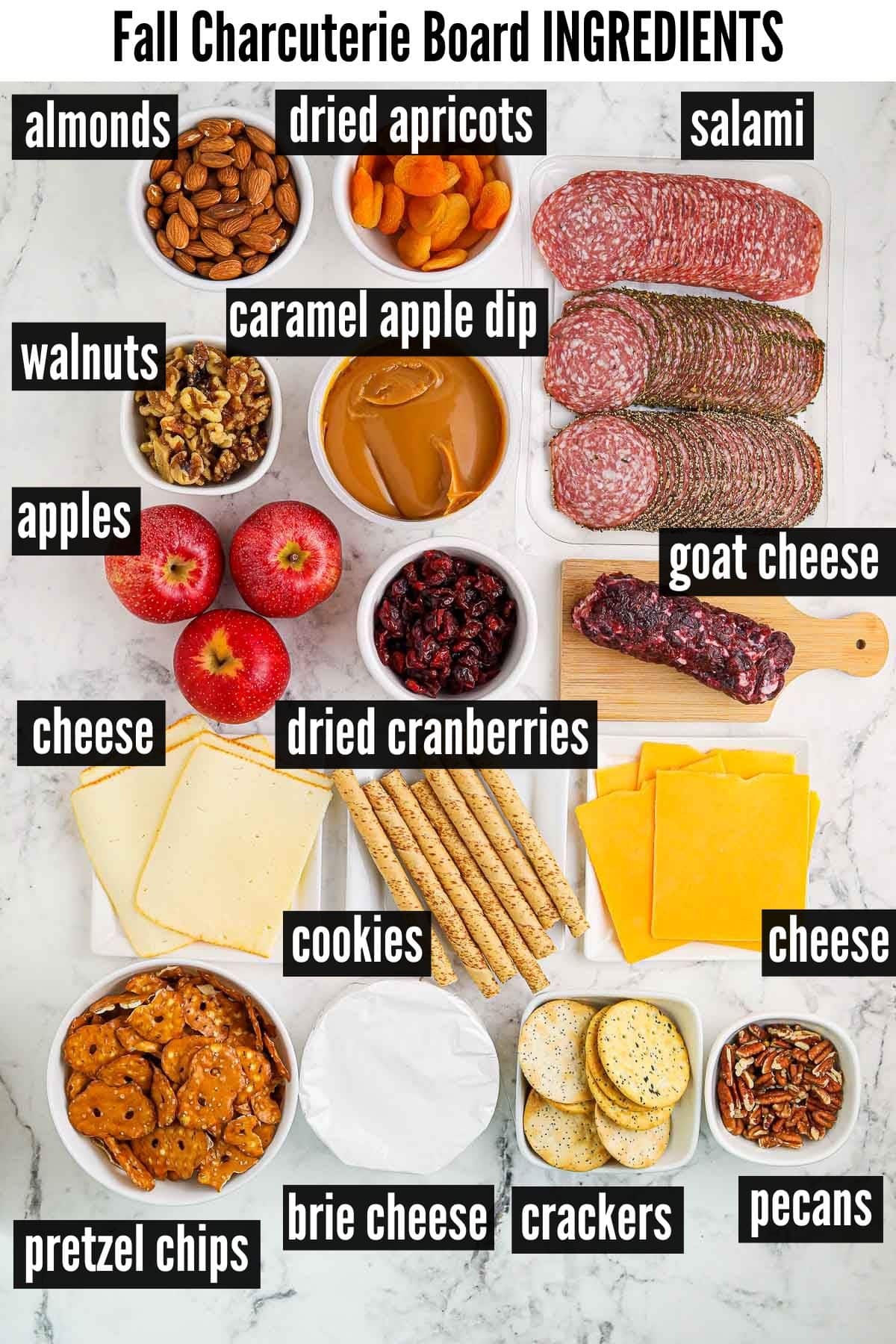 fall charcuterie board labelled ingredients.
