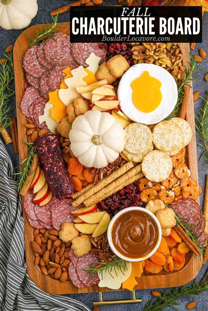 fall charcuterie board with text overlay.