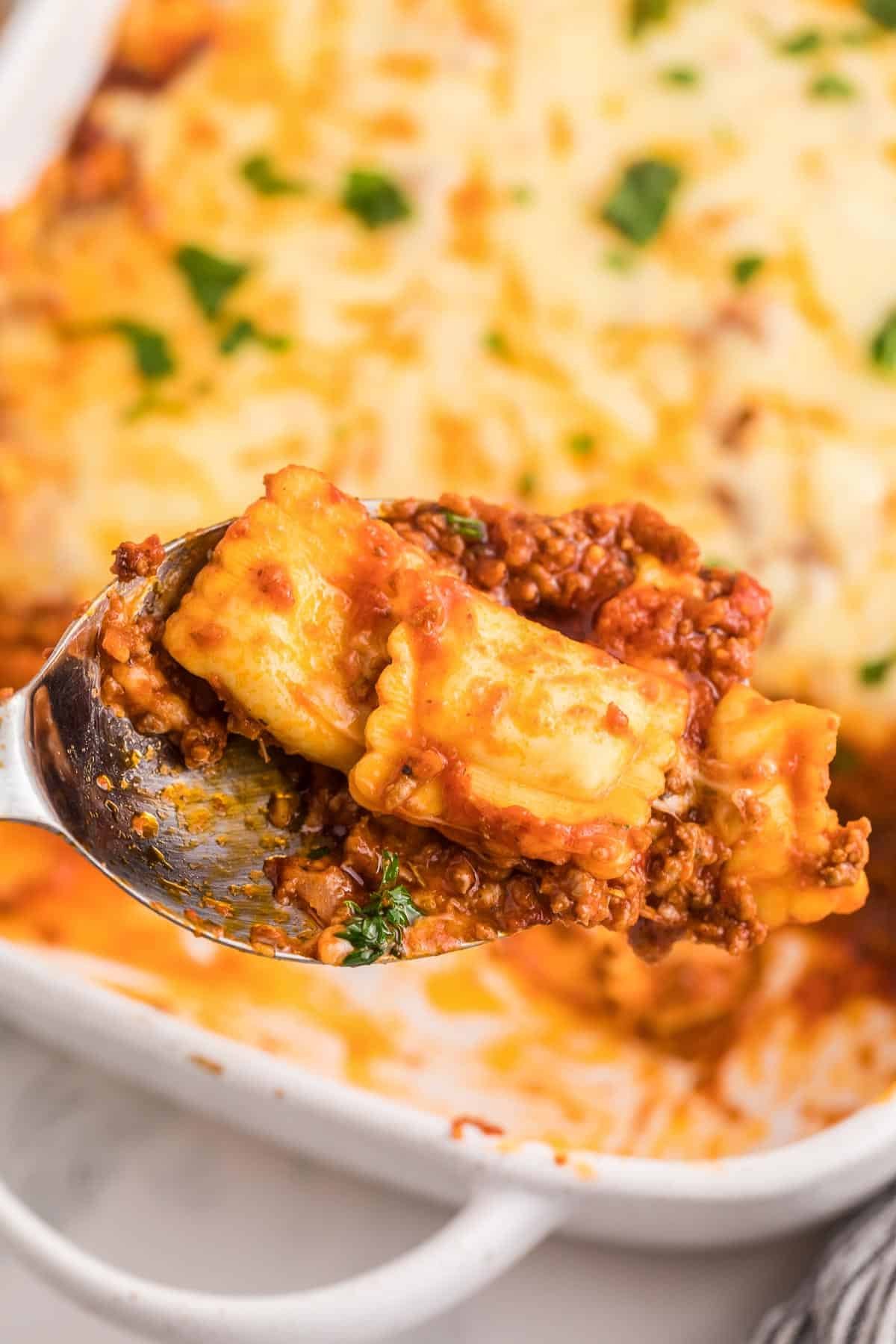ravioli lasagna portion close up.