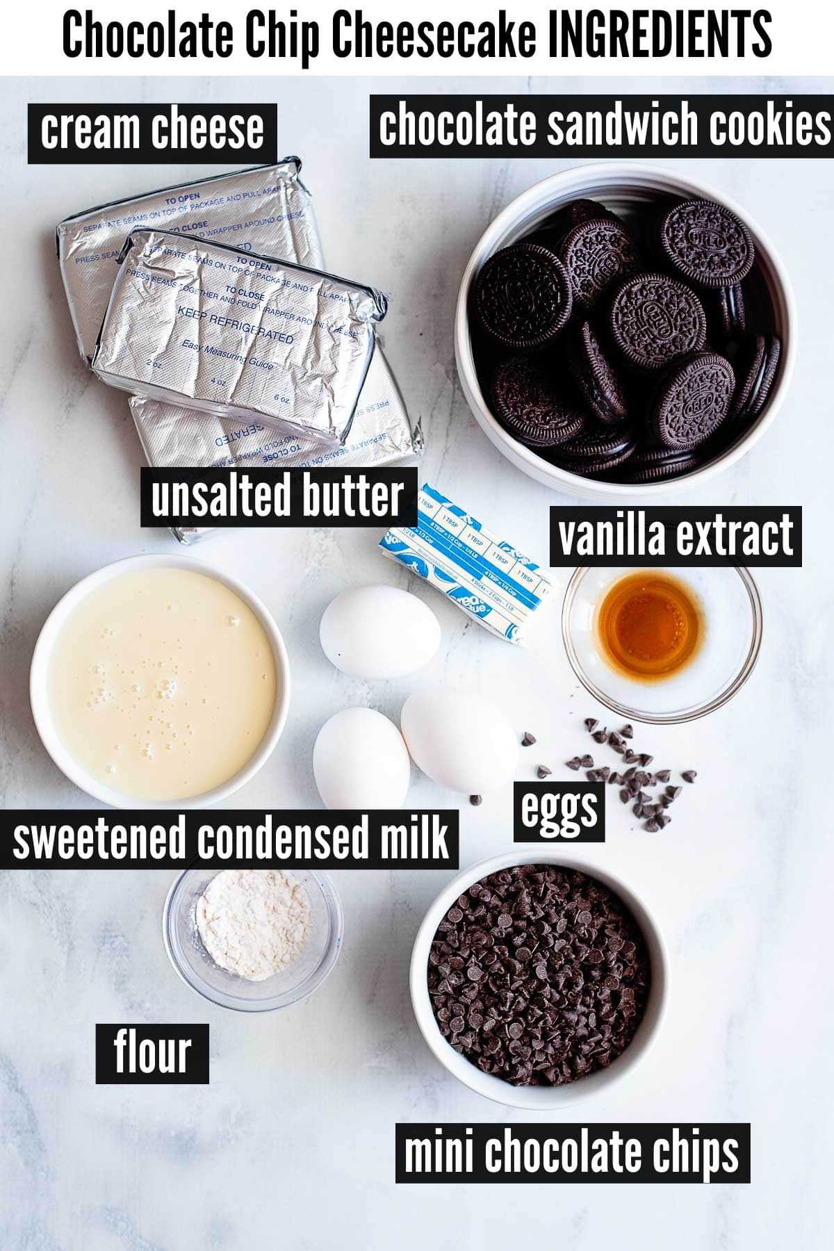 chocolate chip cheesecake labelled ingredients.