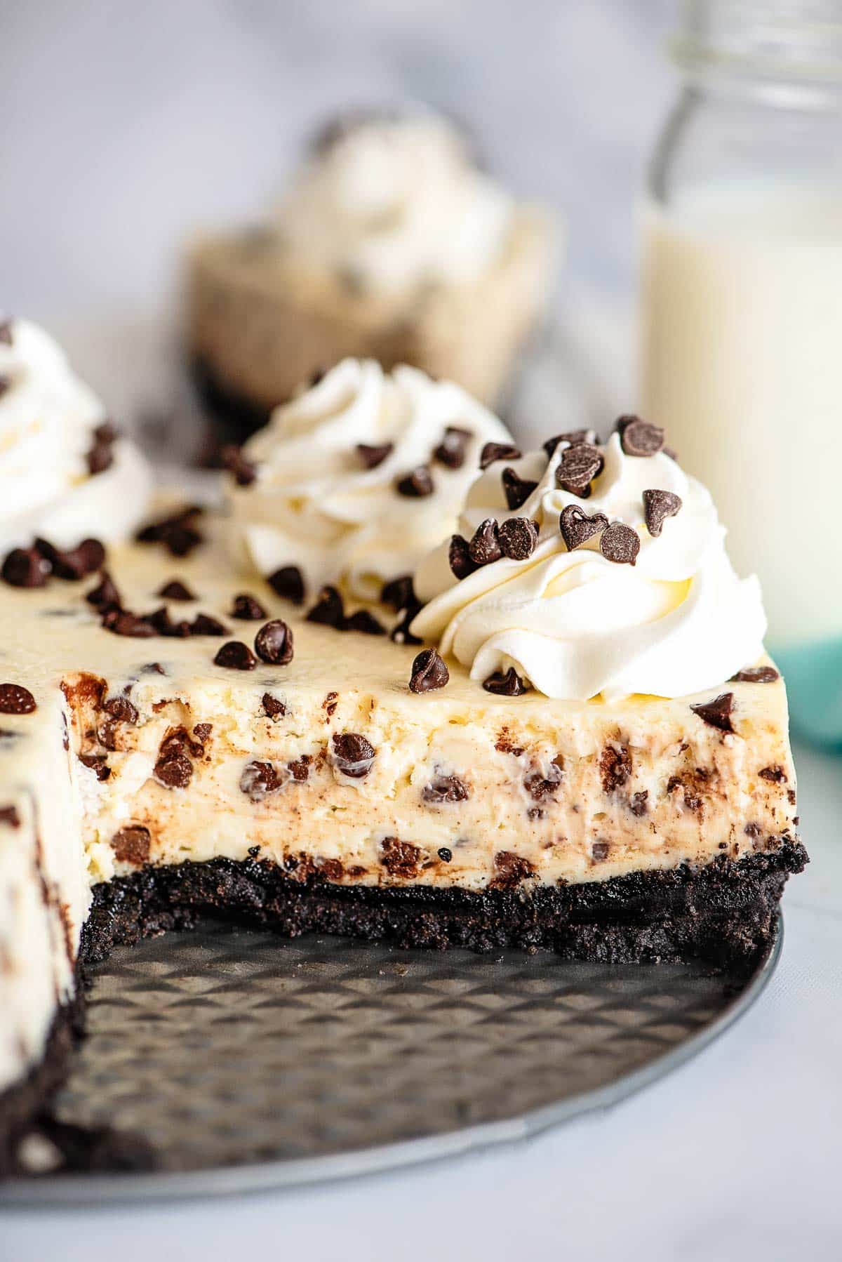 chocolate chip cheesecake side view sliced.