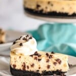 chocolate chip cheesecake slice from the side.