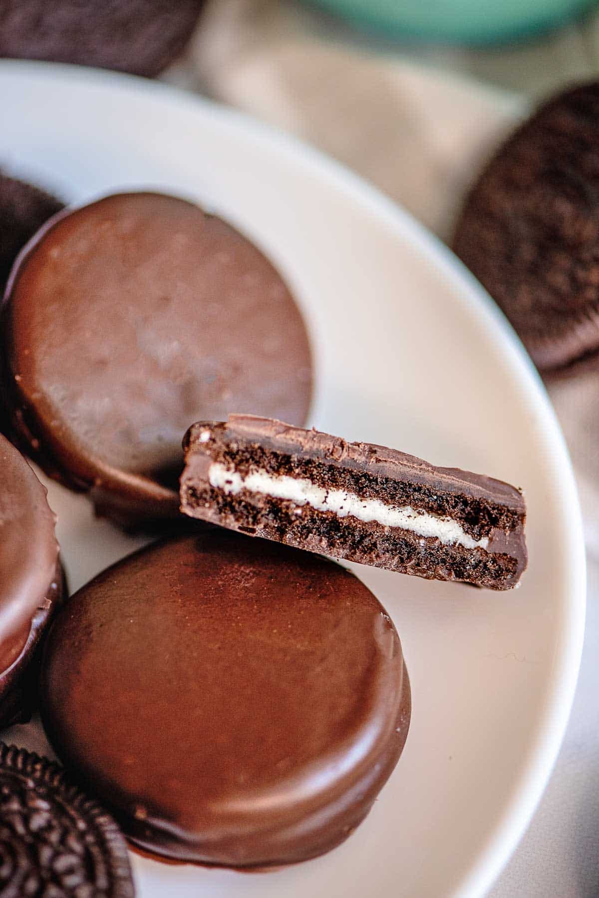 chocolate covered oreos with middle close up.